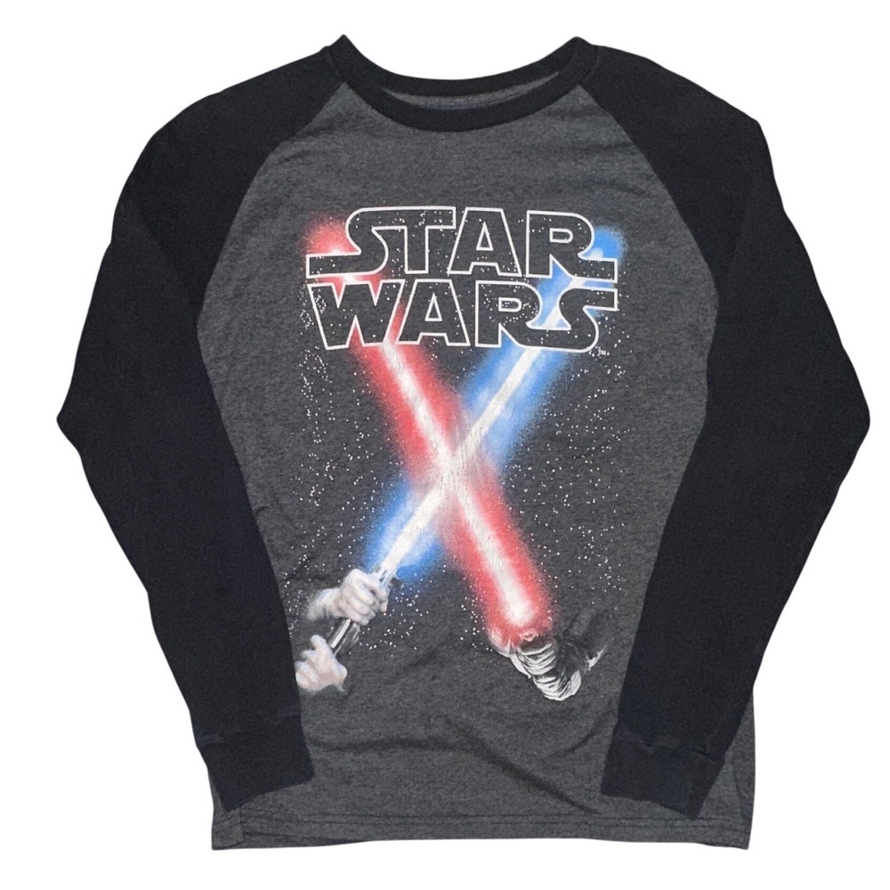 Star Wars Mad Engine Boys XL Gray Black Raglan LS Lightsaber Graphic Tee